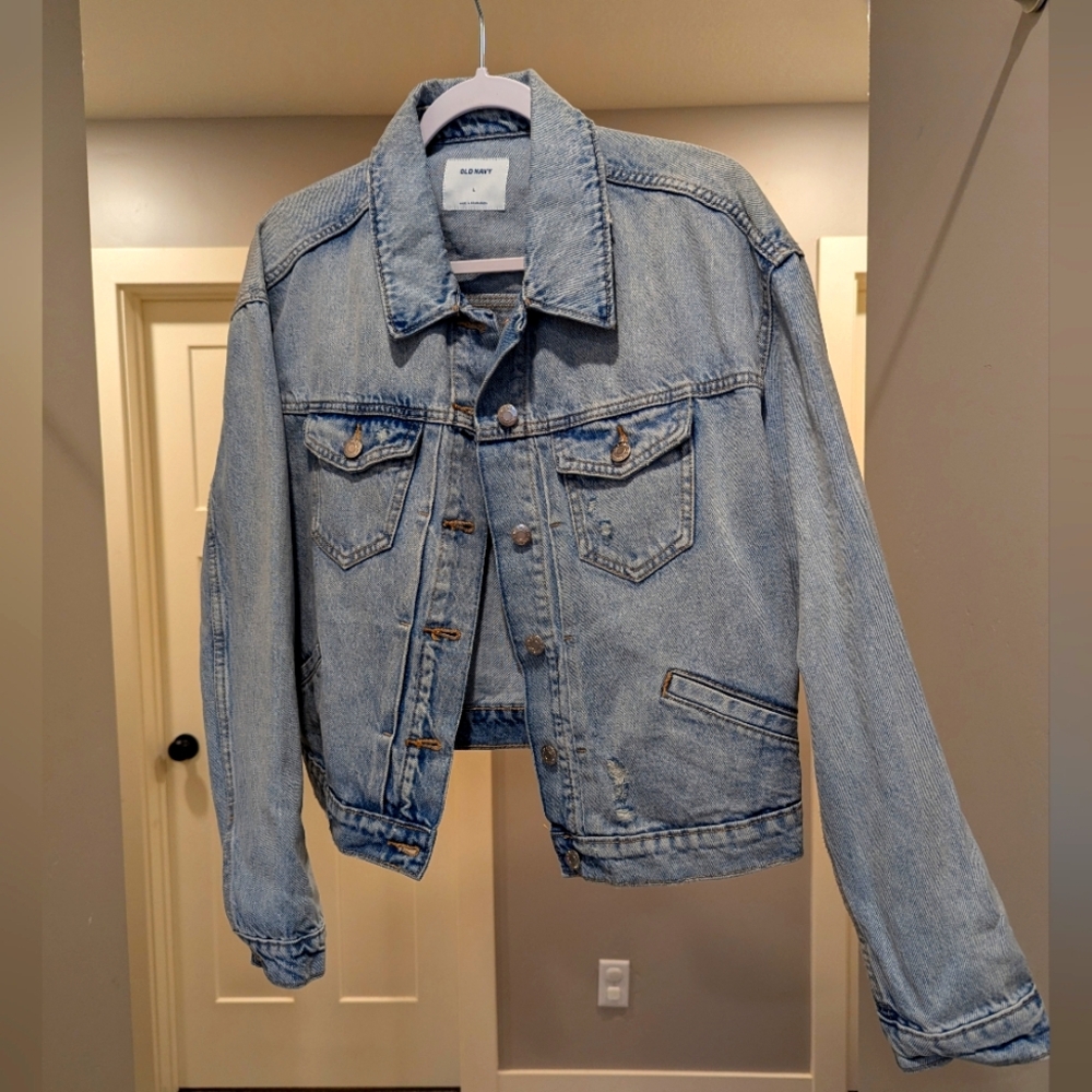 Brand new distressed denim jean jacket from Old Navy, size L